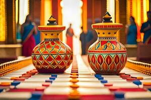 deux coloré des vases séance sur une table avec gens dans le Contexte. généré par ai photo