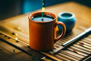 une tasse de café avec une brosse sur une tableau. généré par ai photo