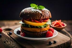 une Hamburger avec baies et fromage sur une en bois tableau. généré par ai photo