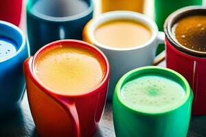 beaucoup différent coloré tasses de café et jus. généré par ai photo