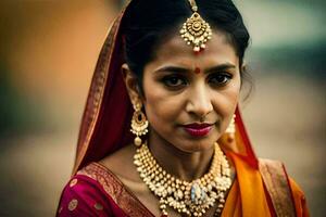 une magnifique Indien la mariée dans traditionnel tenue. généré par ai photo