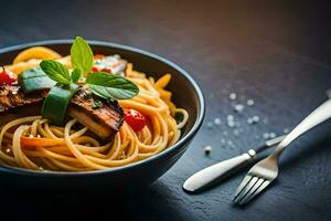 une bol de spaghetti avec Viande et des légumes. généré par ai photo