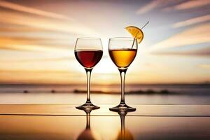 deux des lunettes de du vin avec une le coucher du soleil dans le Contexte. généré par ai photo