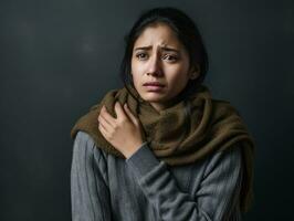 mexicain femme apparaît à être dans douleur sur gris Contexte ai génératif photo