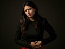 mexicain femme apparaît à être dans douleur sur gris Contexte ai génératif photo