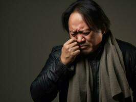 asiatique homme est montré Souffrance de du froid avec qui coule nez sur gris Contexte ai génératif photo