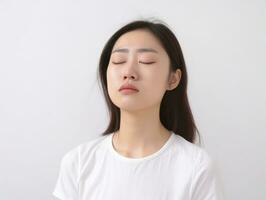 asiatique femme est montré Souffrance de du froid avec qui coule nez sur gris Contexte ai génératif photo