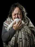 mexicain homme est montré Souffrance de du froid avec qui coule nez sur gris Contexte ai génératif photo