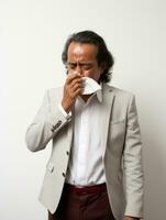 mexicain homme est montré Souffrance de du froid avec qui coule nez sur gris Contexte ai génératif photo