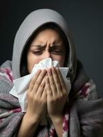 mexicain femme est montré Souffrance de du froid avec qui coule nez sur gris Contexte ai génératif photo