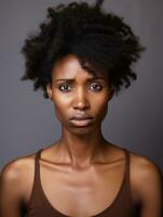 africain femme est triste sur une minimaliste neutre Contexte ai génératif photo