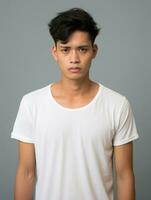 asiatique homme est triste sur une minimaliste neutre Contexte ai génératif photo