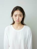asiatique femme est triste sur une minimaliste neutre Contexte ai génératif photo