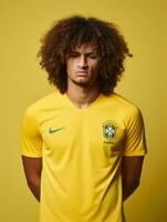 brésilien homme est triste sur une minimaliste neutre Contexte ai génératif photo