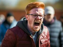 homme de européen apparence qui apparaît à être furieux ai génératif photo