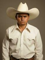 mexicain homme est triste sur une minimaliste neutre Contexte ai génératif photo