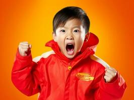 Jeune asiatique enfant habillé dans tenue de sport clairement actif et plein de énergie ai génératif photo