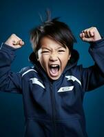 Jeune asiatique enfant habillé dans tenue de sport clairement actif et plein de énergie ai génératif photo