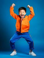 Jeune asiatique enfant habillé dans tenue de sport clairement actif et plein de énergie ai génératif photo