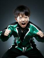 Jeune asiatique enfant habillé dans tenue de sport clairement actif et plein de énergie ai génératif photo
