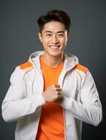 Jeune asiatique homme habillé dans tenue de sport clairement actif et plein de énergie ai génératif photo
