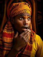 Jeune homme avec africain Caractéristiques qui apparaît à être sous le choc ai génératif photo