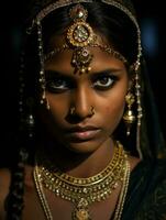 Jeune femme avec Indien Caractéristiques qui apparaît à être choqué ai génératif photo