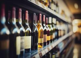 abstrait brouiller du vin bouteilles sur alcool de l'alcool étagères dans supermarché boutique Contexte. génératif ai photo