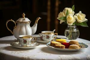 classique servi thé table avec des biscuits. génératif ai photo