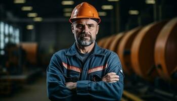 une Masculin industriel ingénieur portant une sécurité casque et autre protecteur équipement travaux soigneusement dans une fabrication usine, assurer le sécurité et Efficacité de opérations. génératif ai. photo