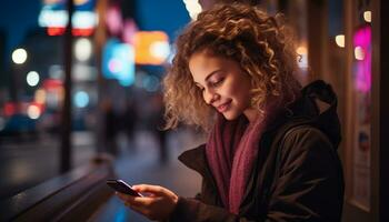 Jeune femmes dans le ville lumière en haut le nuit avec leur smartphone, de liaison avec copains et famille, rester informé, et explorant le monde autour eux. génératif ai. photo