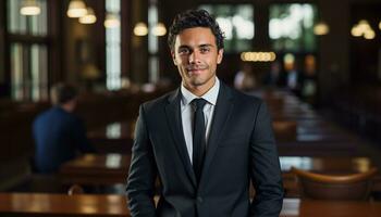 une Masculin avocat des stands en toute confiance dans le salle d'audience, une portrait capturer le sien professionnalisme et dévouement à le loi. génératif ai. photo