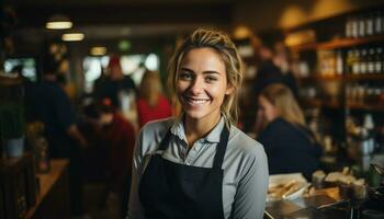 une content serveuse avec une chaud sourire salue les clients à le comptoir, fournir excellent un service et fabrication leur ressentir Bienvenue. génératif ai photo