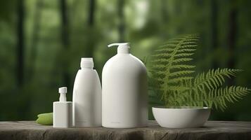 Naturel cosmétique produit présentation coulisses. en plein air forêt placement. blanc Vide pot shampooing bouteille. 3d. ai génératif photo