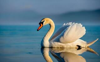 cygne Lac élégance, capturer le majestueux la grâce de une le cygne serein planer sur calme des eaux. ai généré photo