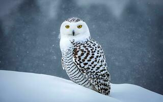 neigeux élégance, une frappant portrait de une majestueux neigeux hibou au milieu de le parfait couverture de une hiver pays des merveilles. ai généré photo