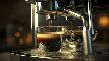 une professionnel café machine en train de préparer un Expresso café dans une verre tasse, ai génératif photo