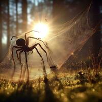 solaire symphonie, arachnide architectes tisser radiant toiles cette Danse avec lumière du soleil. ai généré photo