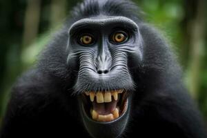 célébrités huppé macaque avec ouvert bouche. proche en haut sur le vert Naturel Contexte. génératif ai photo