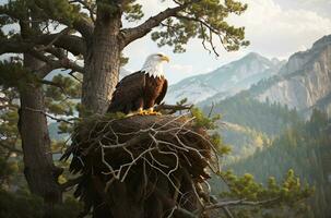 d'aigle nid majesté, une Stupéfiant aperçu dans le royal monde de aigles, haute dans le canopée. ai généré photo