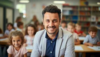 une Jeune Masculin prof avec une brillant sourire des stands à le de face de le sien Salle de classe, entouré par content élèves qui sont désireux à apprendre. génératif ai photo