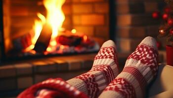 sur une du froid hiver nuit, il y a rien assez comme relaxant comme chauffage votre pieds par le cheminée dans confortable chaussettes, entouré par le de fête atmosphère de le Noël saison. génératif ai photo