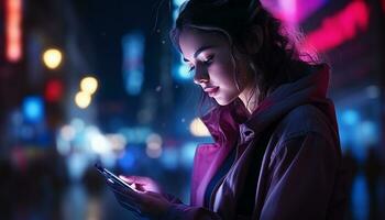 Jeune femmes dans le ville lumière en haut le nuit avec leur smartphone, de liaison avec copains et famille, rester informé, et explorant le monde autour eux. génératif ai. photo