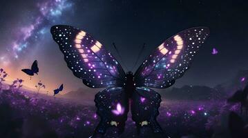 céleste ballet, une aux ailes de galaxie papillon prend vol dans une cosmique tapisserie. ai généré photo