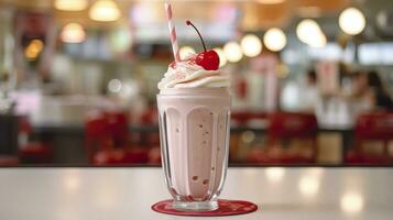 Cerise Milk-shake dans une classique américain le dîner. nourriture la photographie concept. génératif ai photo