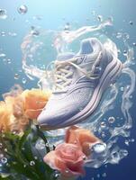 des sports des chaussures entouré par transparent fleurs, éclabousser avec l'eau gouttelettes, émettant lumière blanc bleu, ai génératif photo