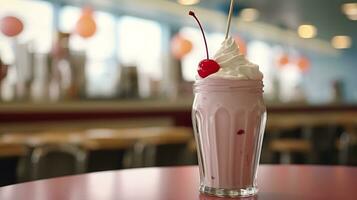 Cerise Milk-shake dans une classique américain le dîner. nourriture la photographie concept. génératif ai photo