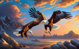 majestueux chauve aigles planant ensemble, une étourdissant aérien instantané de l'Amérique iconique rapaces dans gracieux vol. ai généré photo