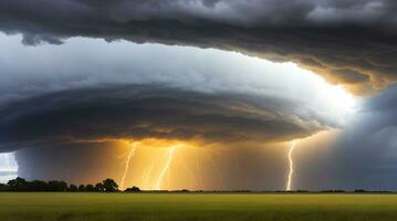 le puissant Puissance et primitif beauté de une orage déchaîné à travers vaste plaines, dominateur le horizon avec ses électrisant fureur et dynamique grandeur. ai généré photo