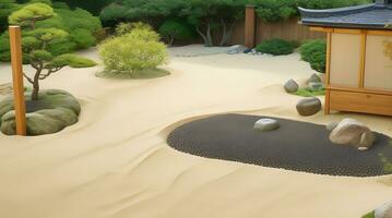 une serein Zen jardin oasis, où parfaitement ratissé le sable invite paix et contemplation au milieu de la nature tranquille embrasser. ai photo